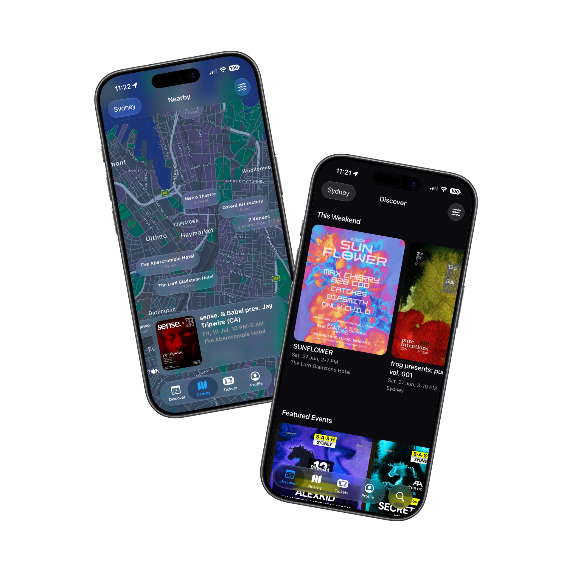 The Mixmag events and tickets app on two phones